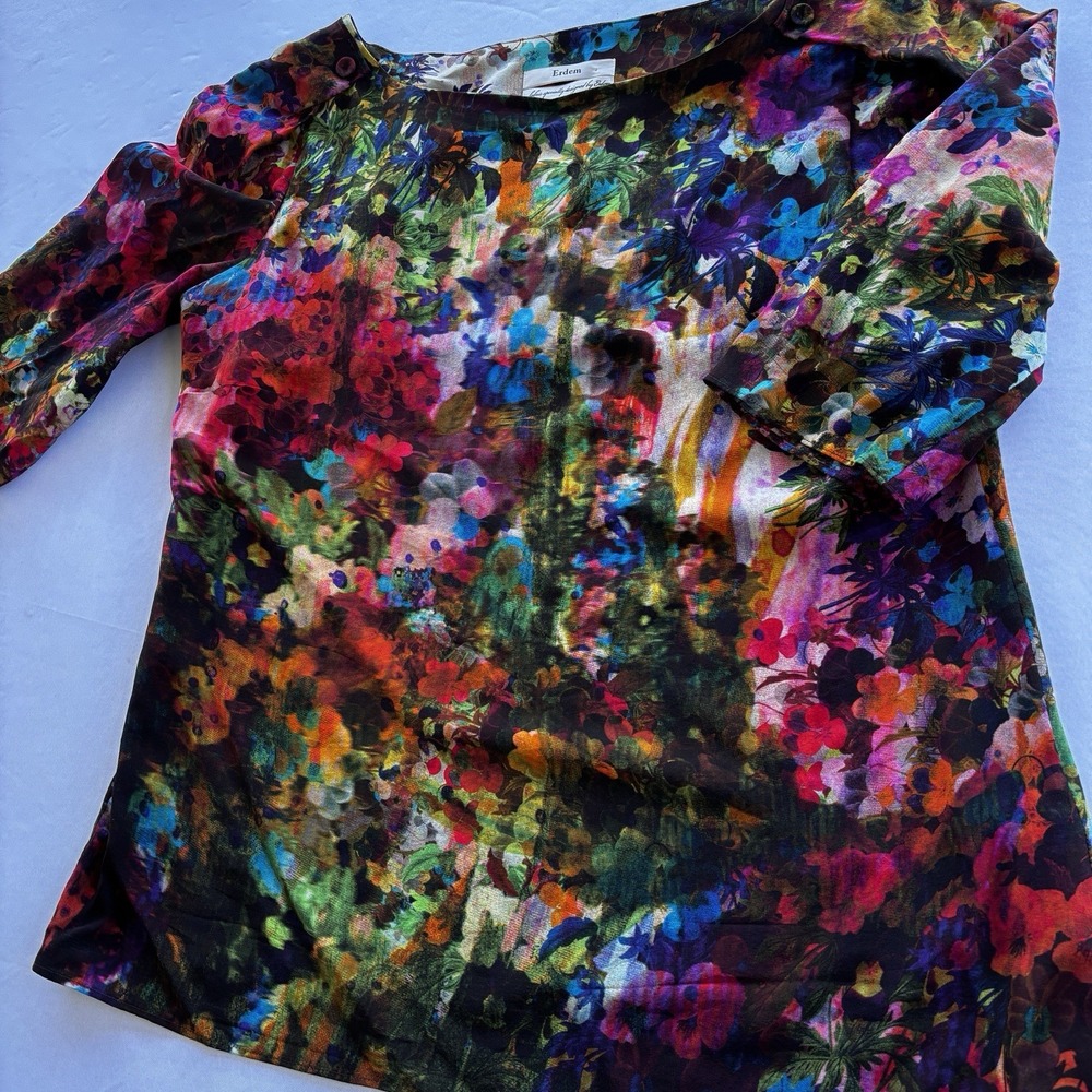Erdem Floral Silk Blouse Womens Size 6 Multicolor Boat Neck Button Shoulder‎ Top